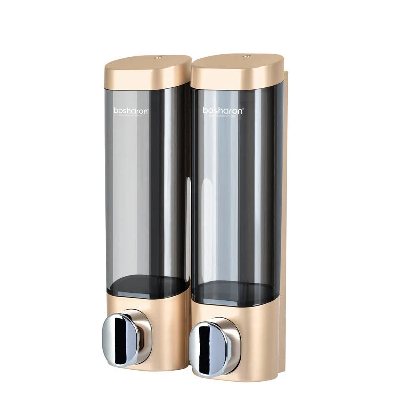 Wall-mounted three-head soap dispenser in white, silver grey, and gold options