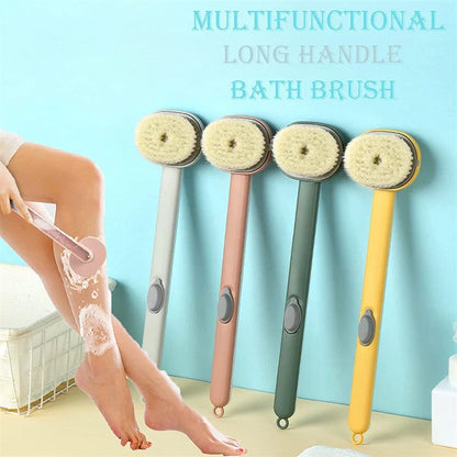 Multifunctional detachable shower brush in yellow, grey, green, and pink with ergonomic handle