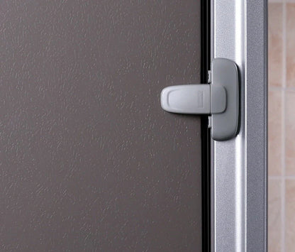 Child safety refrigerator lock in white and grey, featuring a T-type double button mechanism
