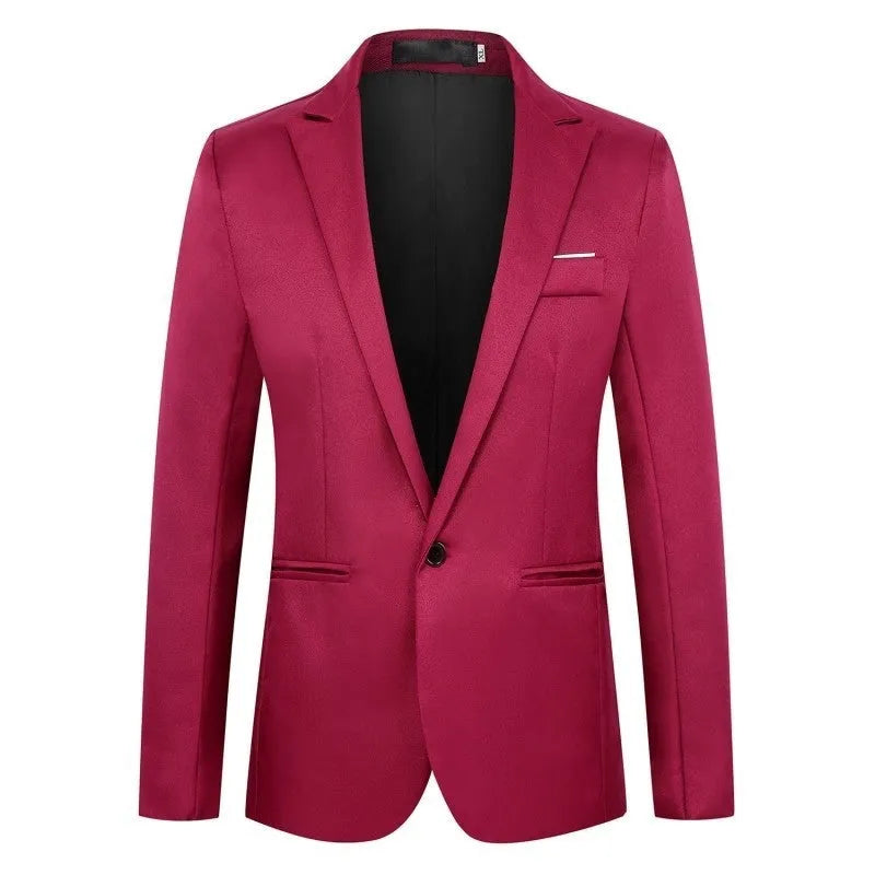 Men's loose-fit acetate fibre wedding suit jacket shown in multiple colours including black, blue, and wine red.