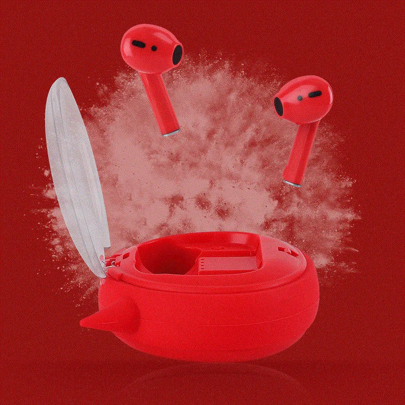 Red true wireless Bluetooth headset with in-ear design showing dimensions 72x67x31.5mm