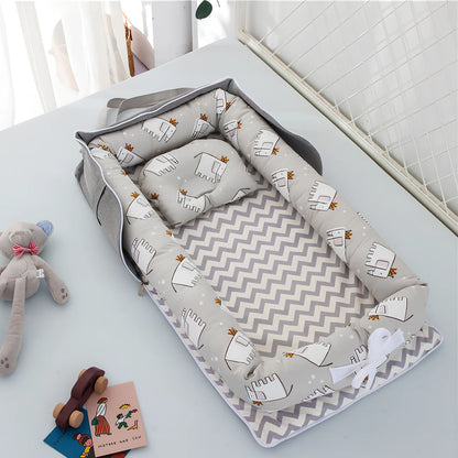 Foldable cotton portable baby crib in Animal World Blue, 90x50 cm with pillow and strap, weighing 1.3 kg