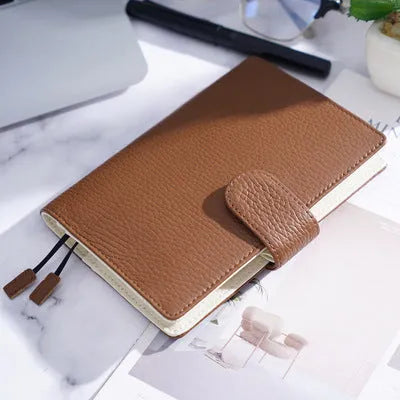 A6 leather notebook with Lychee pattern cowhide cover in off white, pink, or white colour options