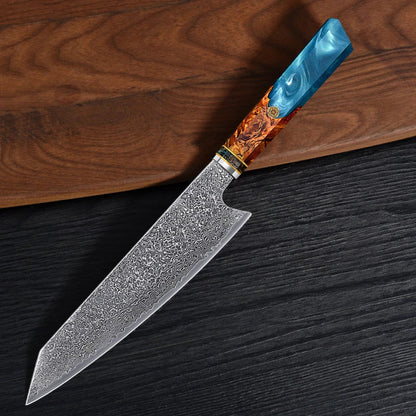 Exquisitely crafted 67-layer Damascus steel chef's knife with elegant brocade pattern and ergonomic resin-wood handle