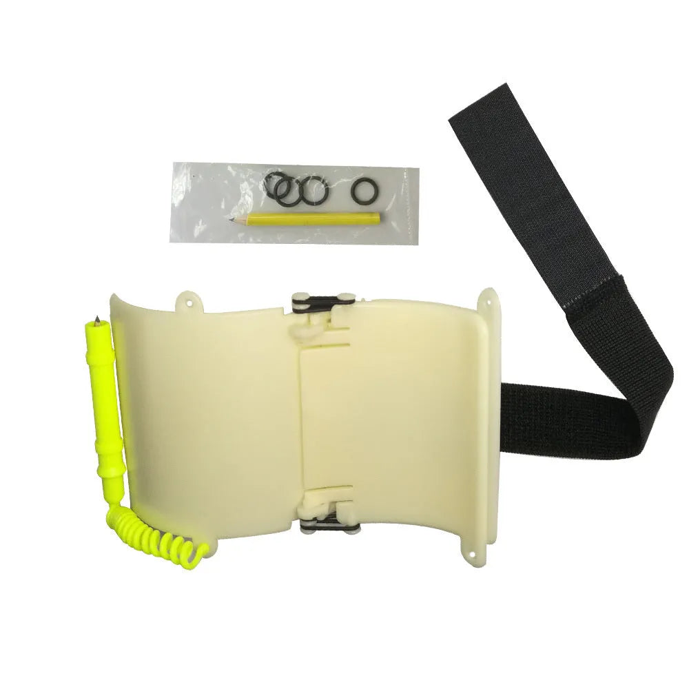 White luminous underwater handwriting wristboard with pencil and spare O-ring for scuba diving