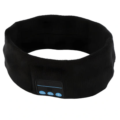 Black Bluetooth sports headband with integrated audio controls and 110mAh battery for workouts