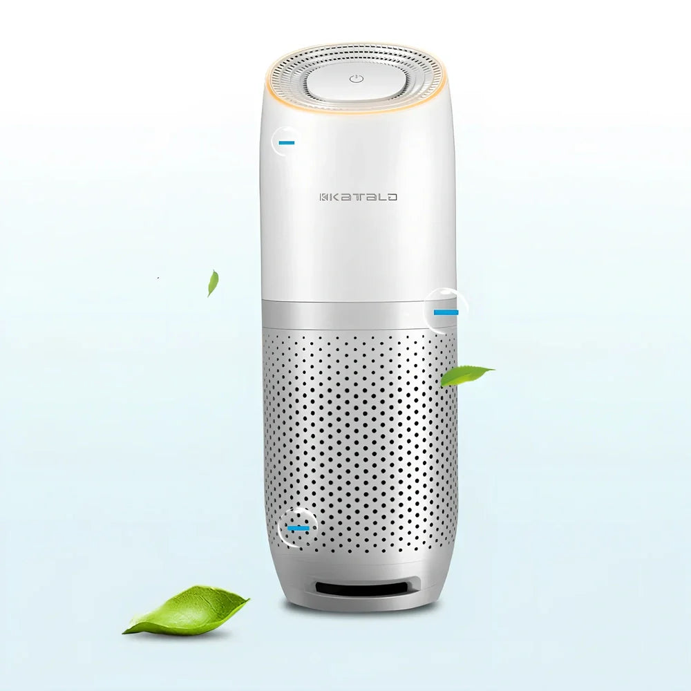 KQ-20 car air purifier in white, Ø74 × 196mm size filtering 0.3μm particles for vehicle cup holder use