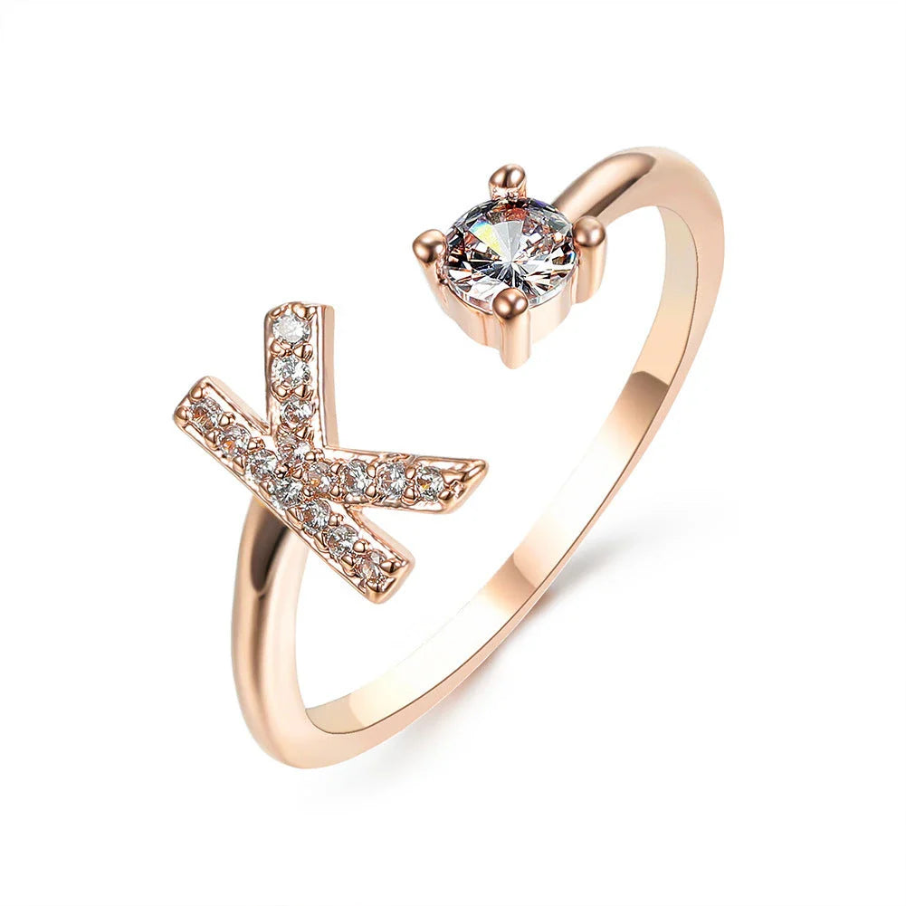 Elegant 26-letter adjustable initial ring in gold, silver, and rose gold finishes