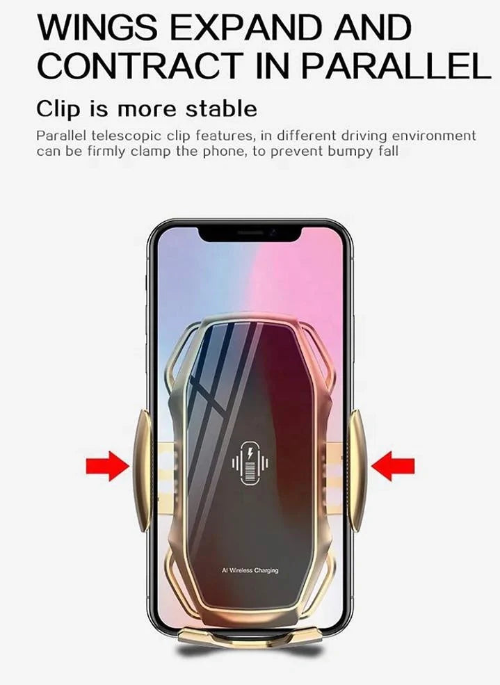 10W wireless car phone charger mounted on car air vent with LED indicator showing charging status