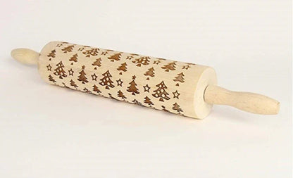 Wooden Christmas embossing rolling pin with non-stick surface for festive baking