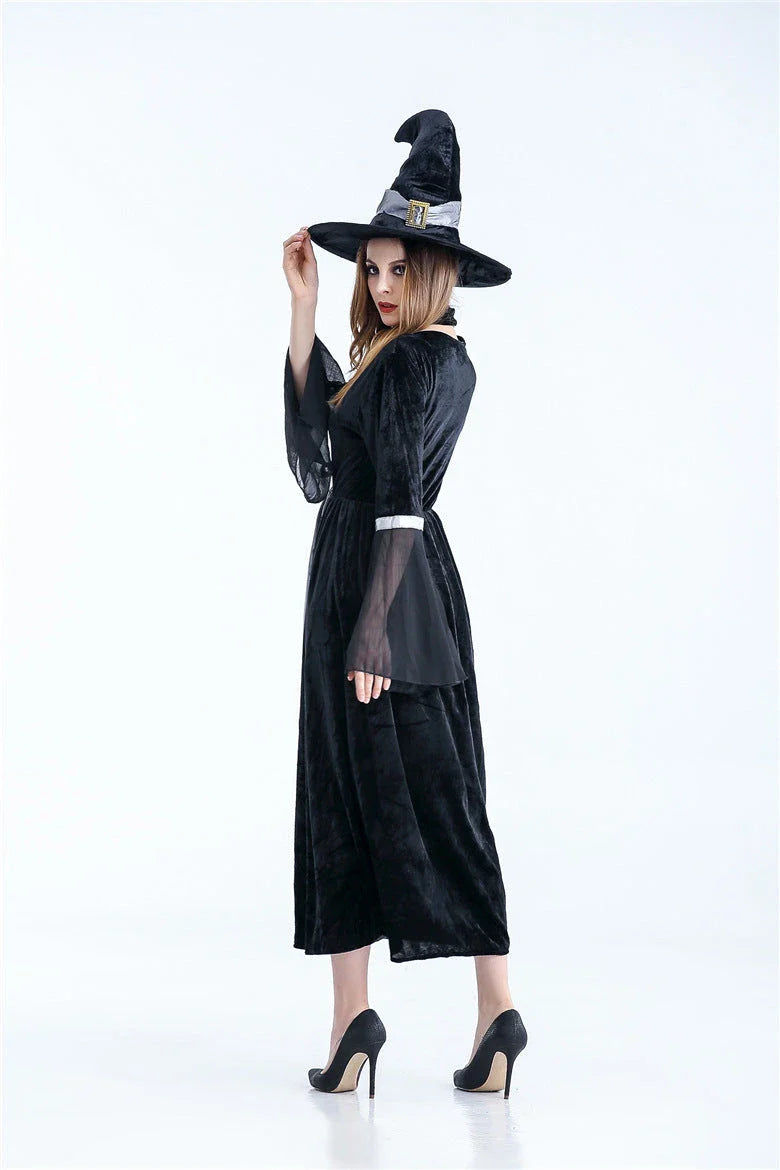 Adult women's sorceress witch costume for Halloween and carnival, available in grey and orange.
