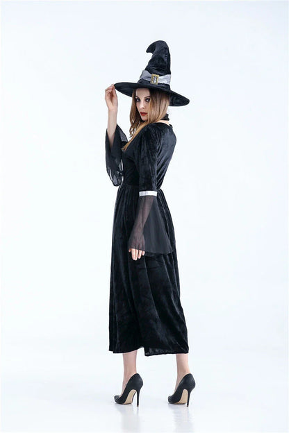 Adult women's sorceress witch costume for Halloween and carnival, available in grey and orange.