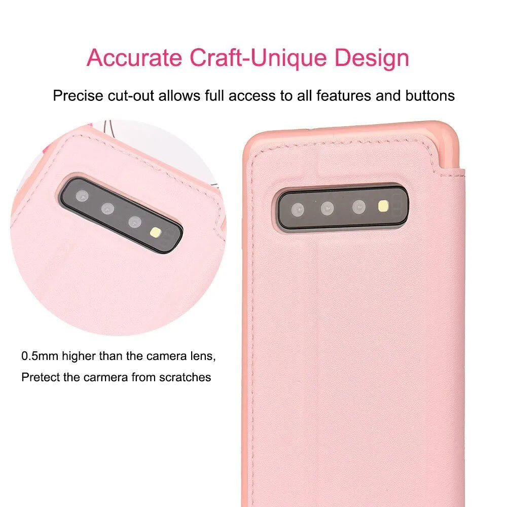 Crown Card Leather Case for Samsung Galaxy S10 flip wallet in Black with card slot and crown design