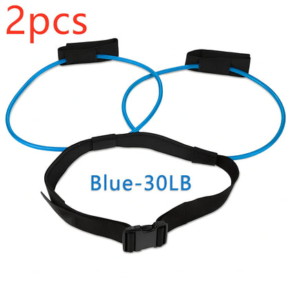 Women's adjustable waist resistance band with colour-coded latex tubes and pedal exerciser foot straps