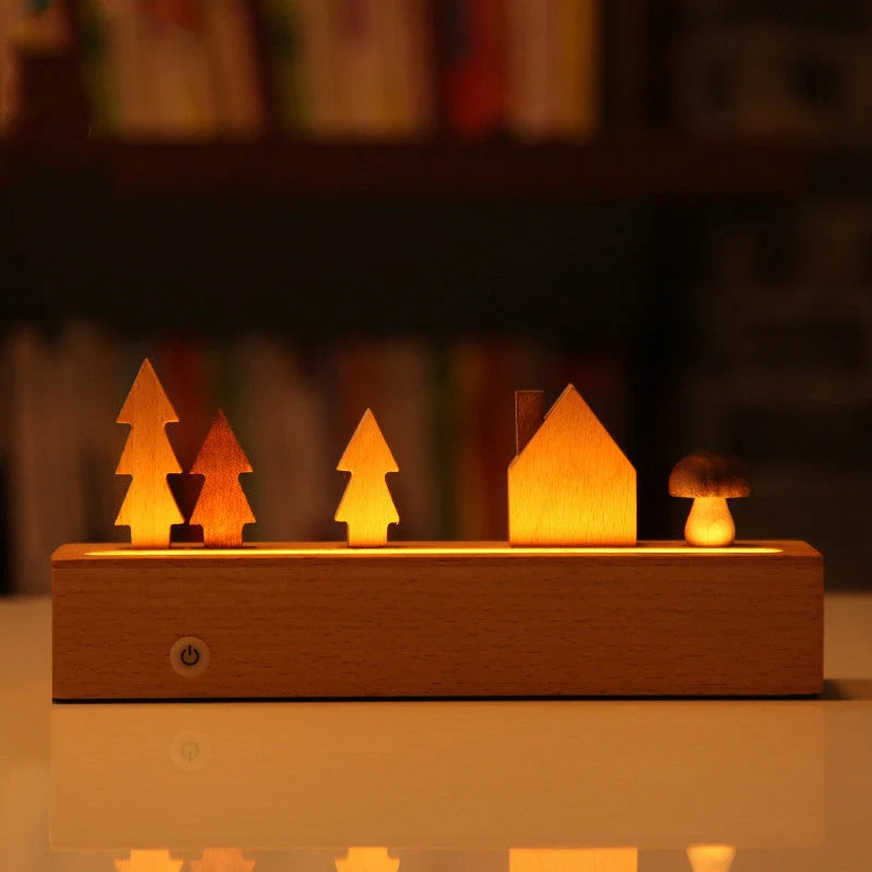 Minimalist LED Forest Hut Night Light in wood color with USB power