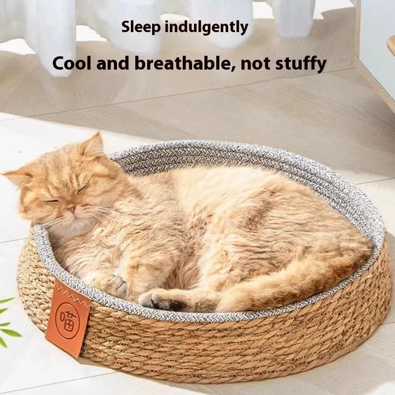 A woven rattan cat nest bed cage shown in size L, suitable for medium to large cats.