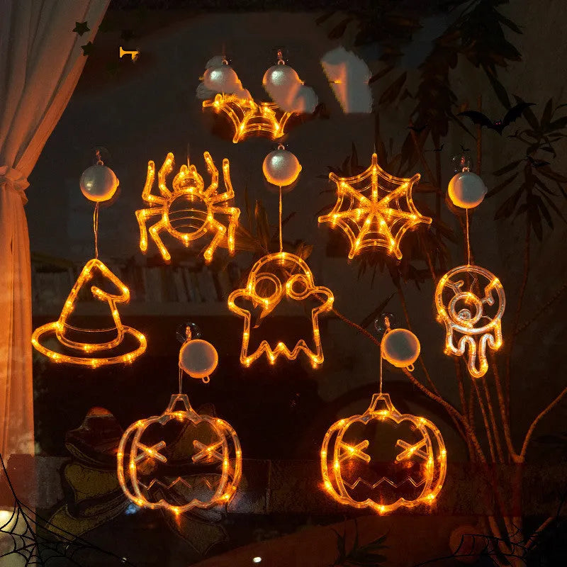 Halloween window hanging LED lights set with spider pumpkin ghost designs battery-powered for indoor outdoor use