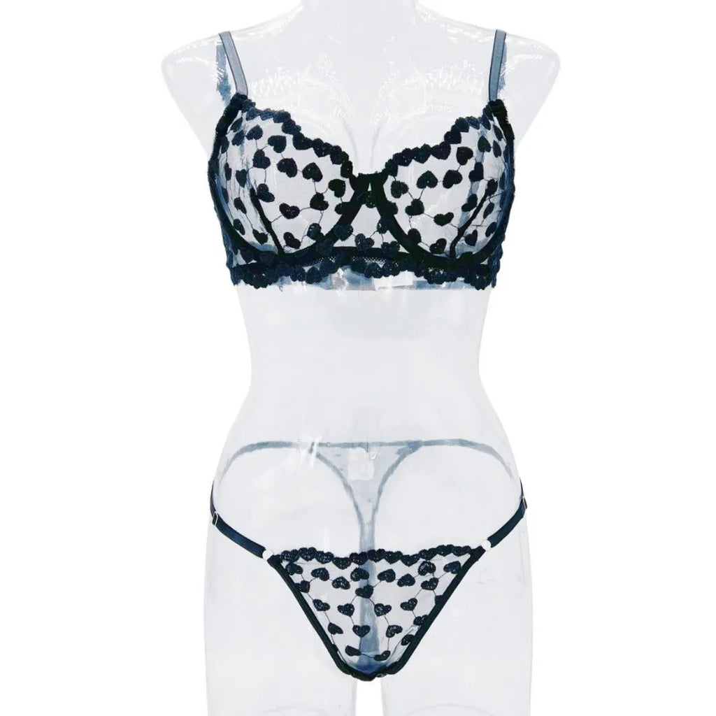 Romantic Love women's mesh two-piece suit in black or red, showing top and matching trousers.