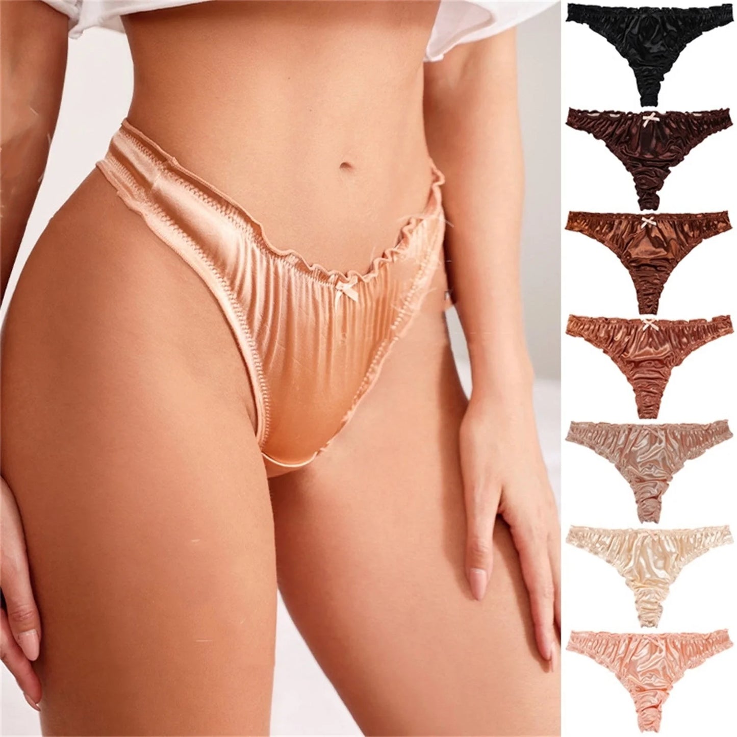 Satin Cotton Crotch T-back Women's Underwear 7PCS Set in various colors