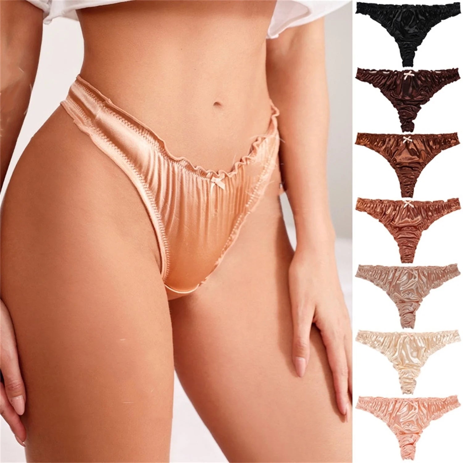 Satin Cotton Crotch T-back Women's Underwear 7PCS Set in various colors