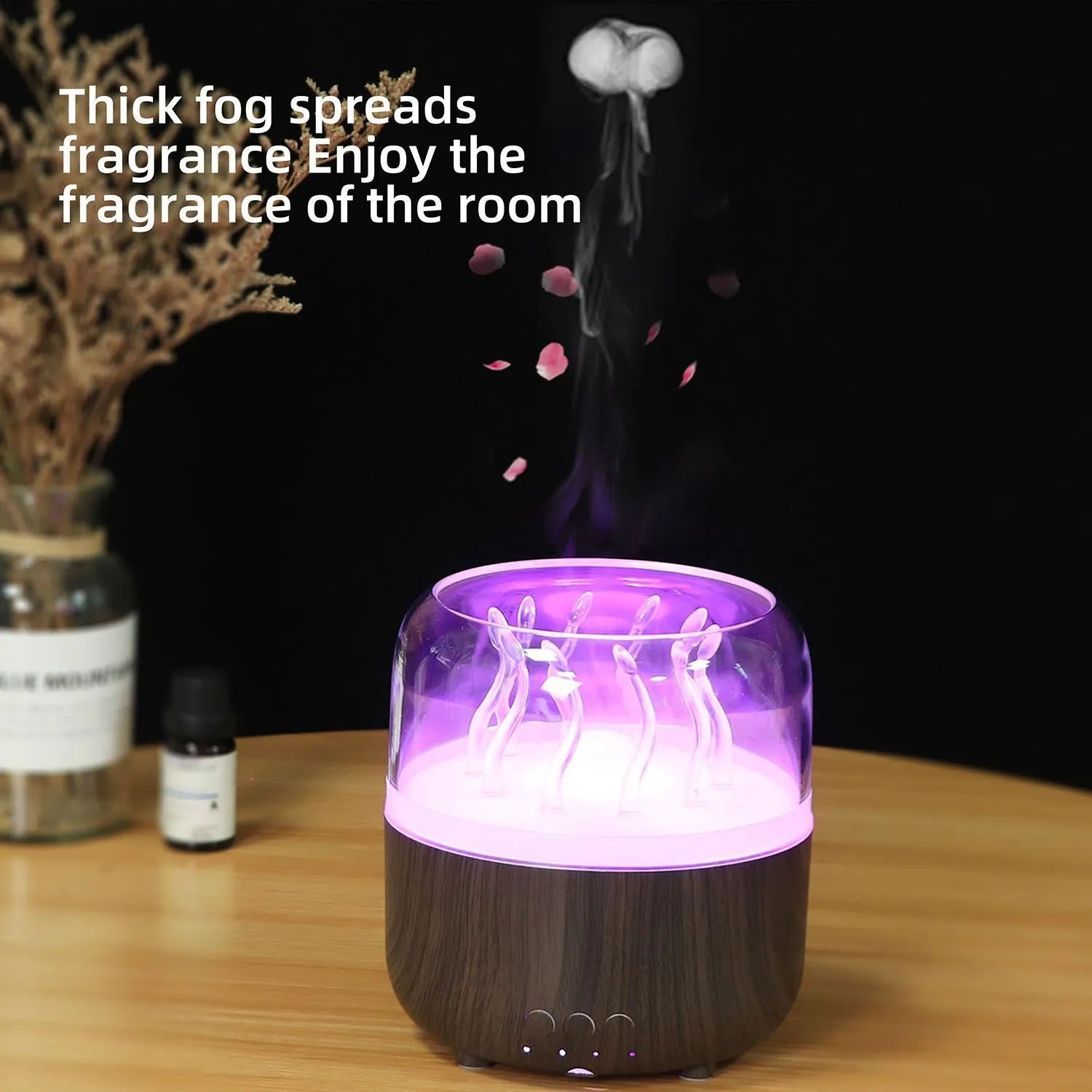Wood grain rotating jellyfish ambience light humidifier with remote control and ultrasonic mist