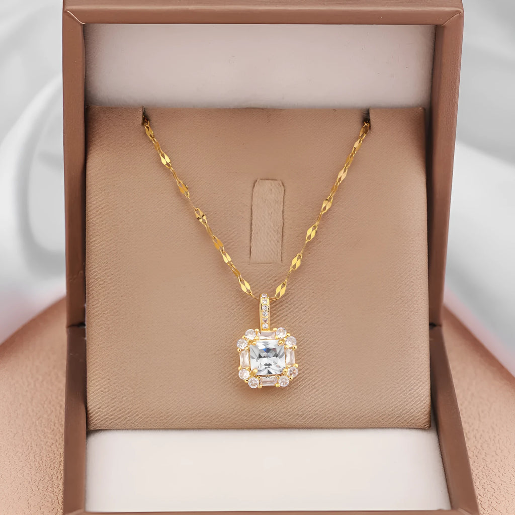 Women's geometric titanium steel clavicle chain necklace with mixed gem inlaid pendant and water wave chain