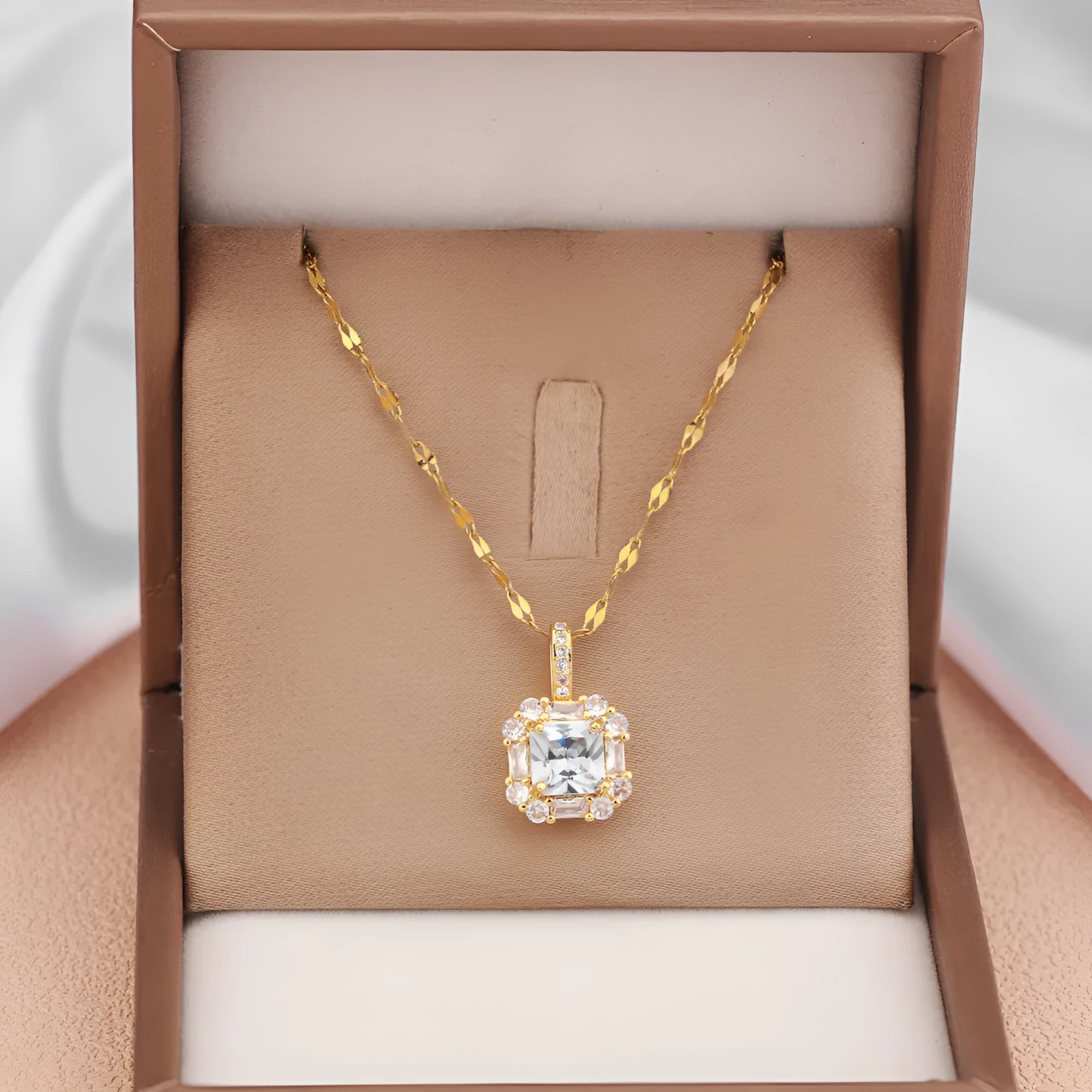 Women's geometric titanium steel clavicle chain necklace with mixed gem inlaid pendant and water wave chain