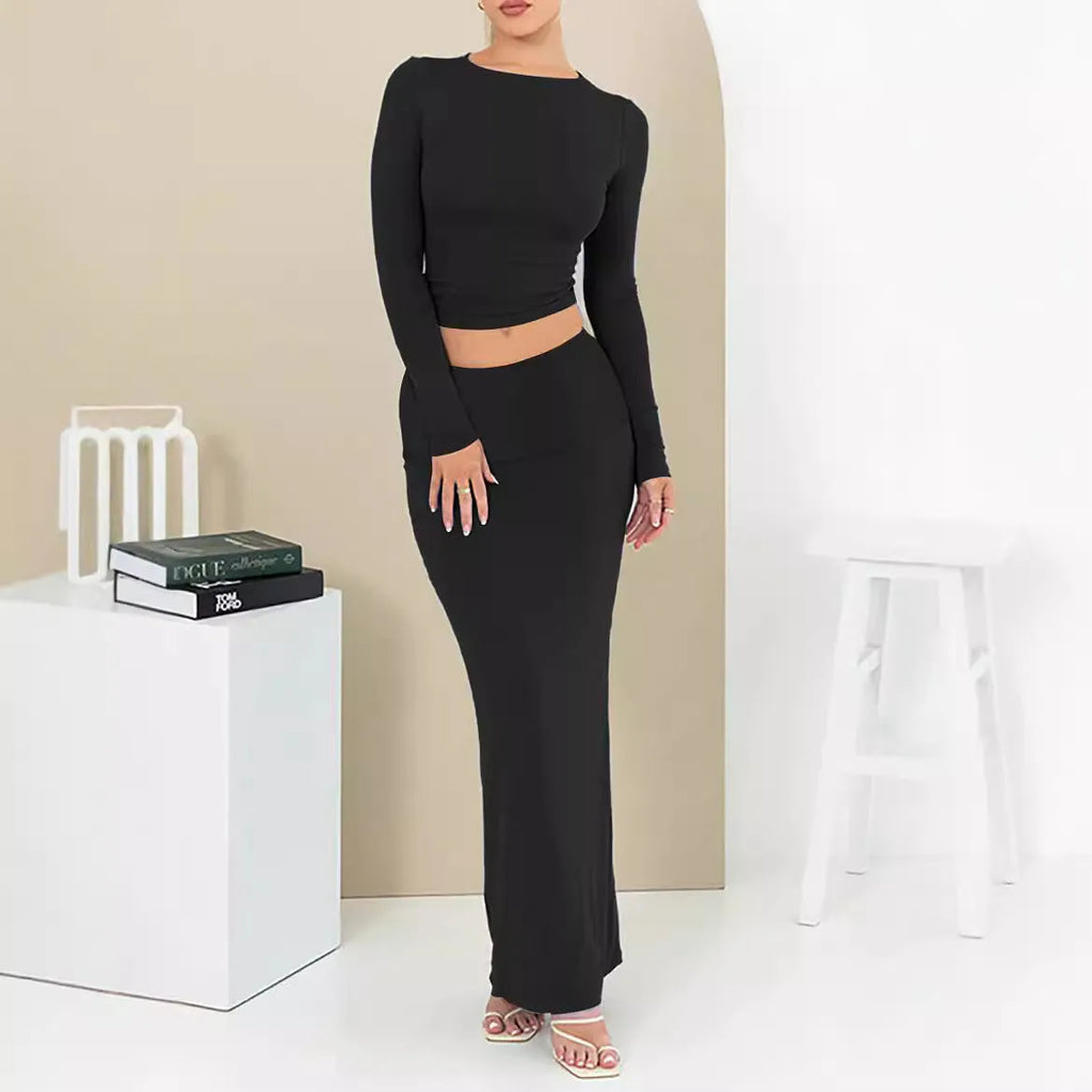 Women's autumn two-piece suit set in polyester with three-quarter sleeves and long skirt in sweet style