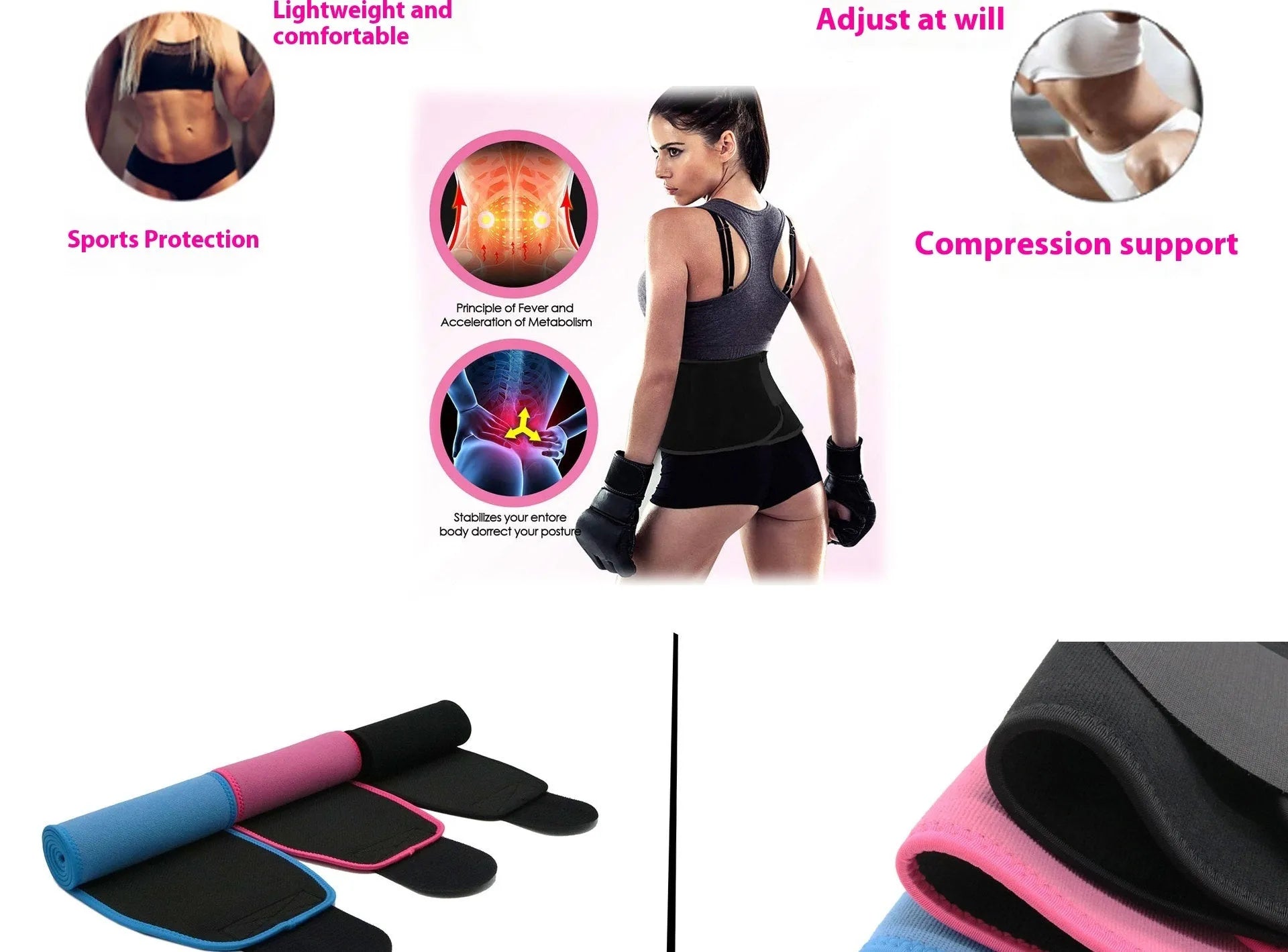 Neoprene fitness lumbar support belt for running and gym, shown in black, blue, and pink colour options