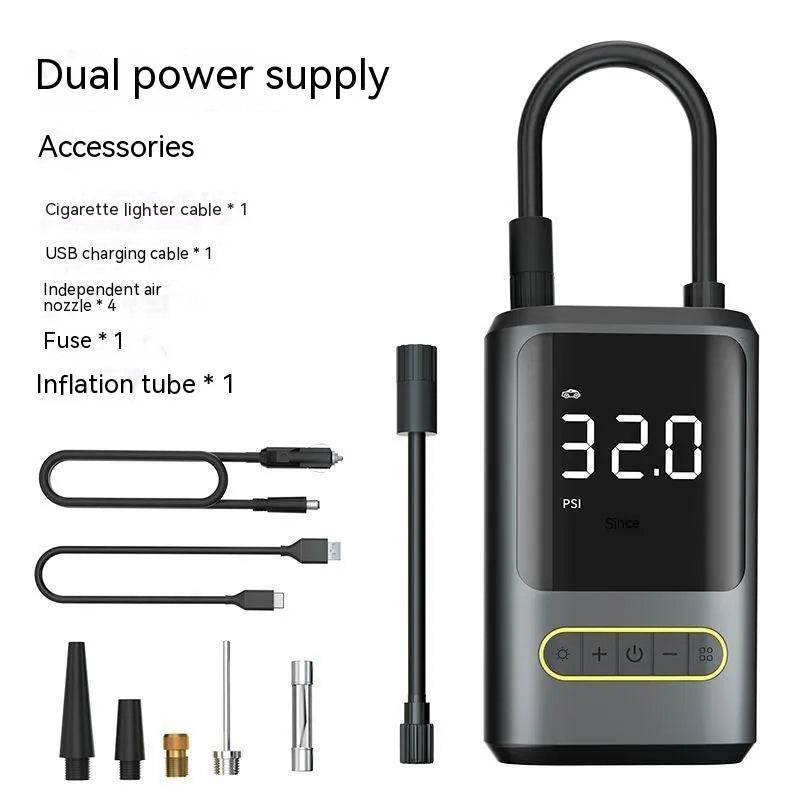 Handheld wireless digital display car tyre inflator with LED light and attached air hose