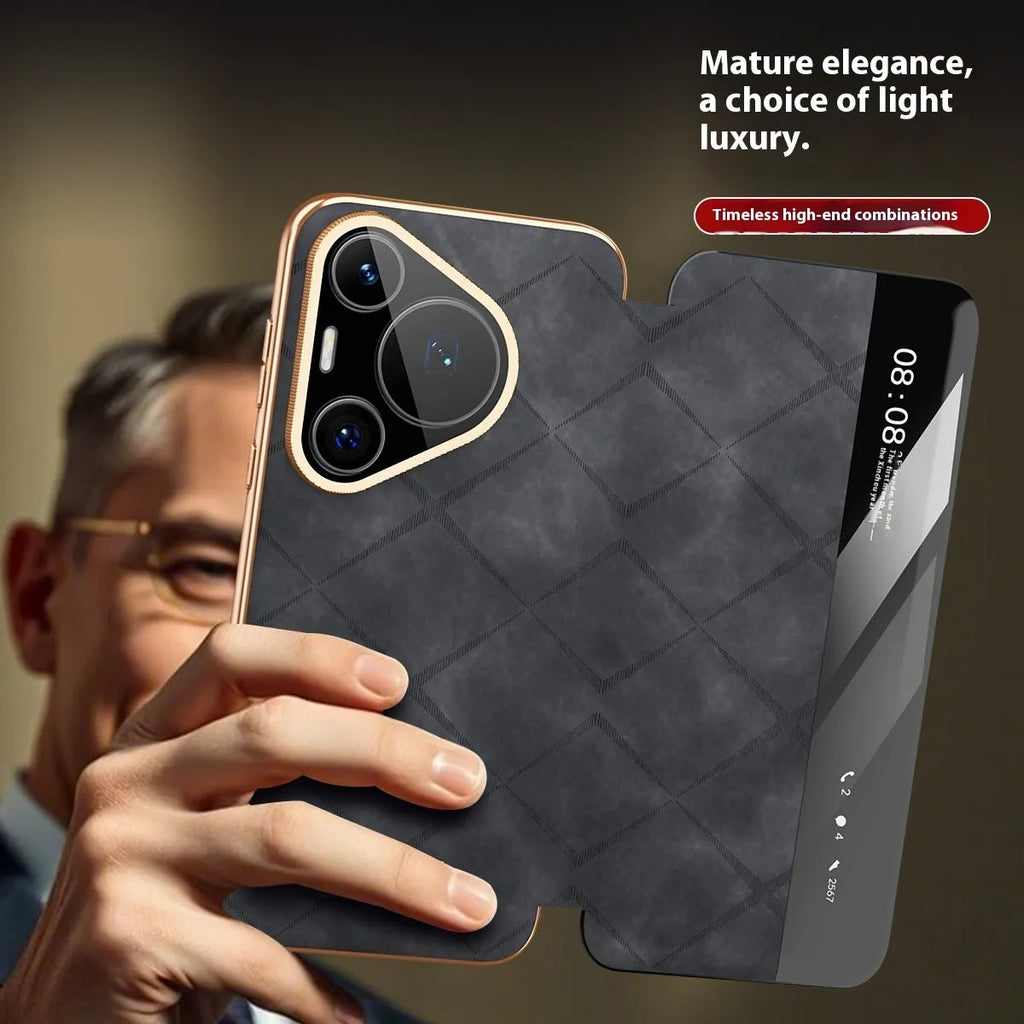Electroplated diamond grid anti-fingerprint Huawei phone case in imitation leather.