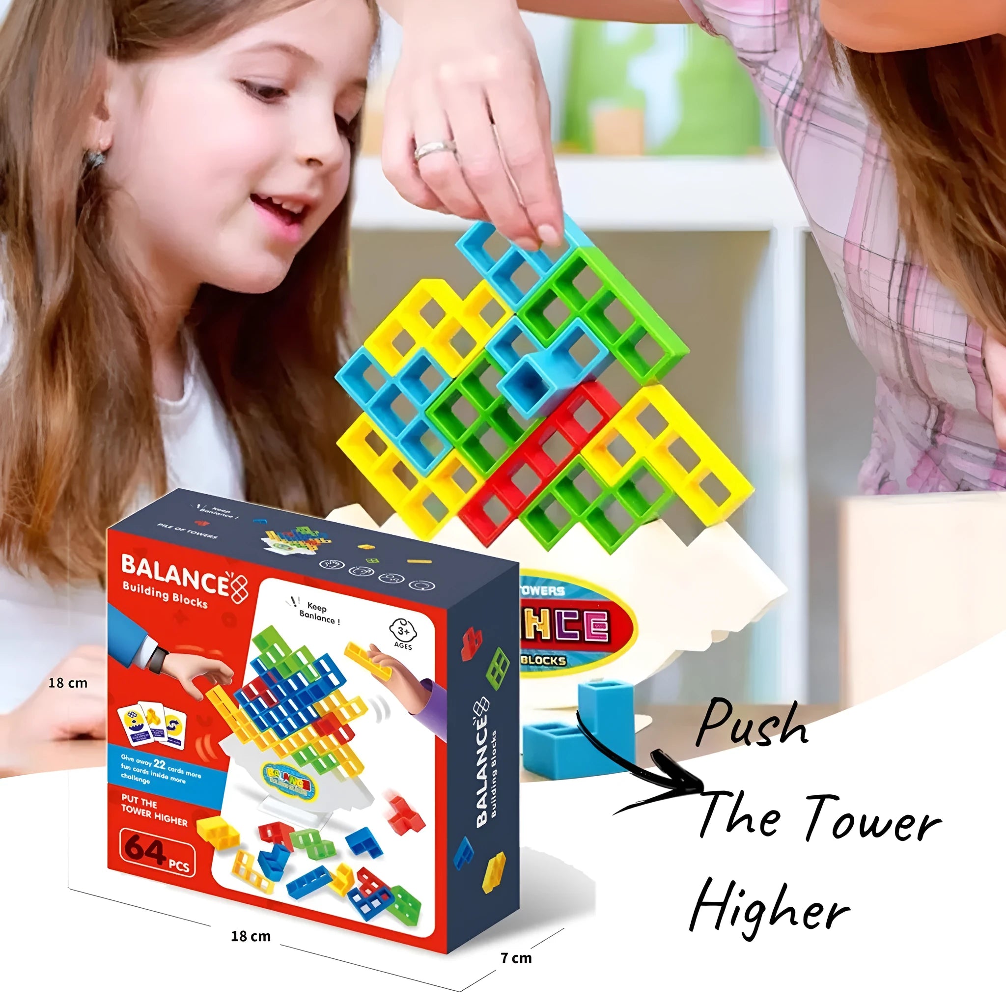 Plastic balancing stacking game with 16 colourful blocks and chassis for family entertainment