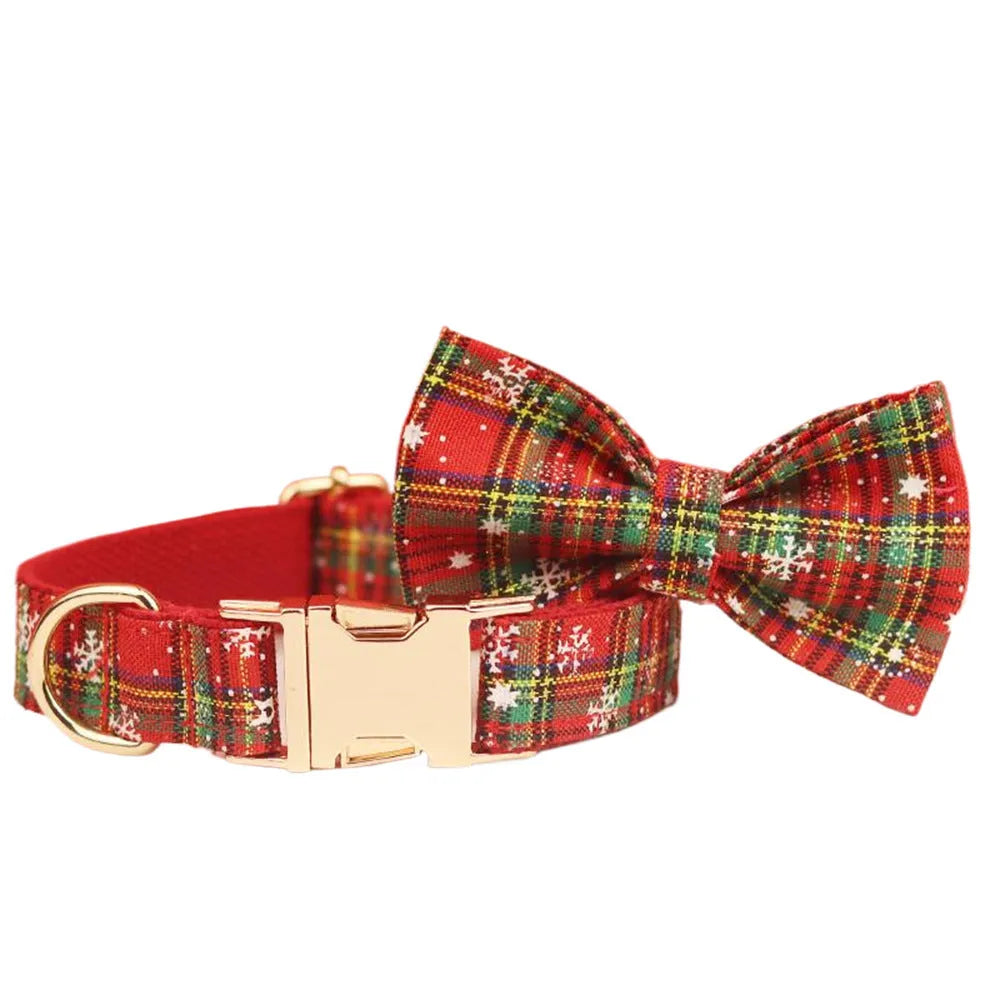 Red snowflake Christmas dog collar set with plaid leash and matching vest