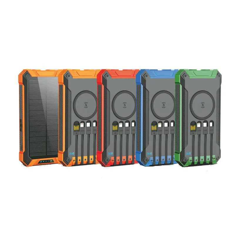 Portable solar power bank with wireless charging, plastic shell, 173x89x28mm, in orange black colour option.