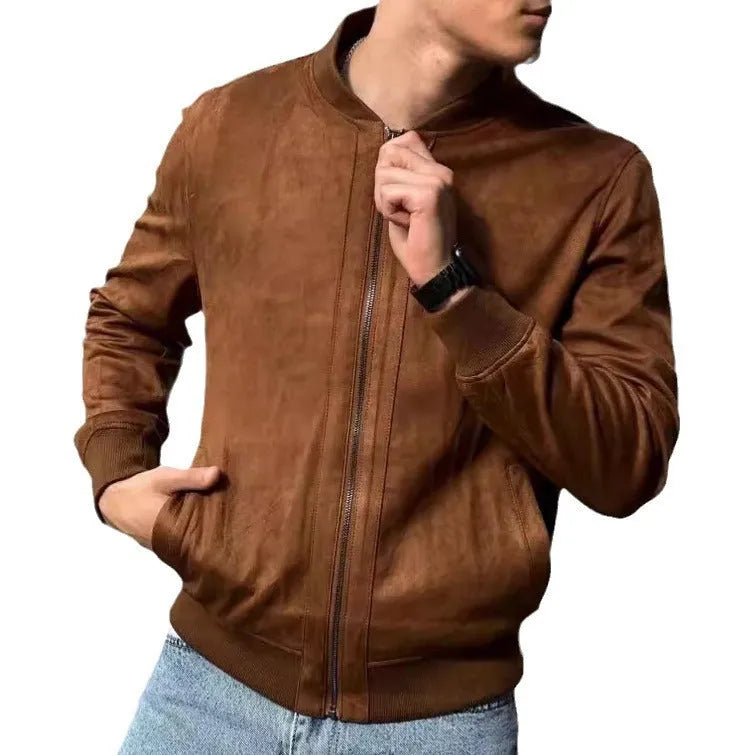 Suede solid colour polyester coat in brown, regular length, with collar and front buttons, shown on mannequin