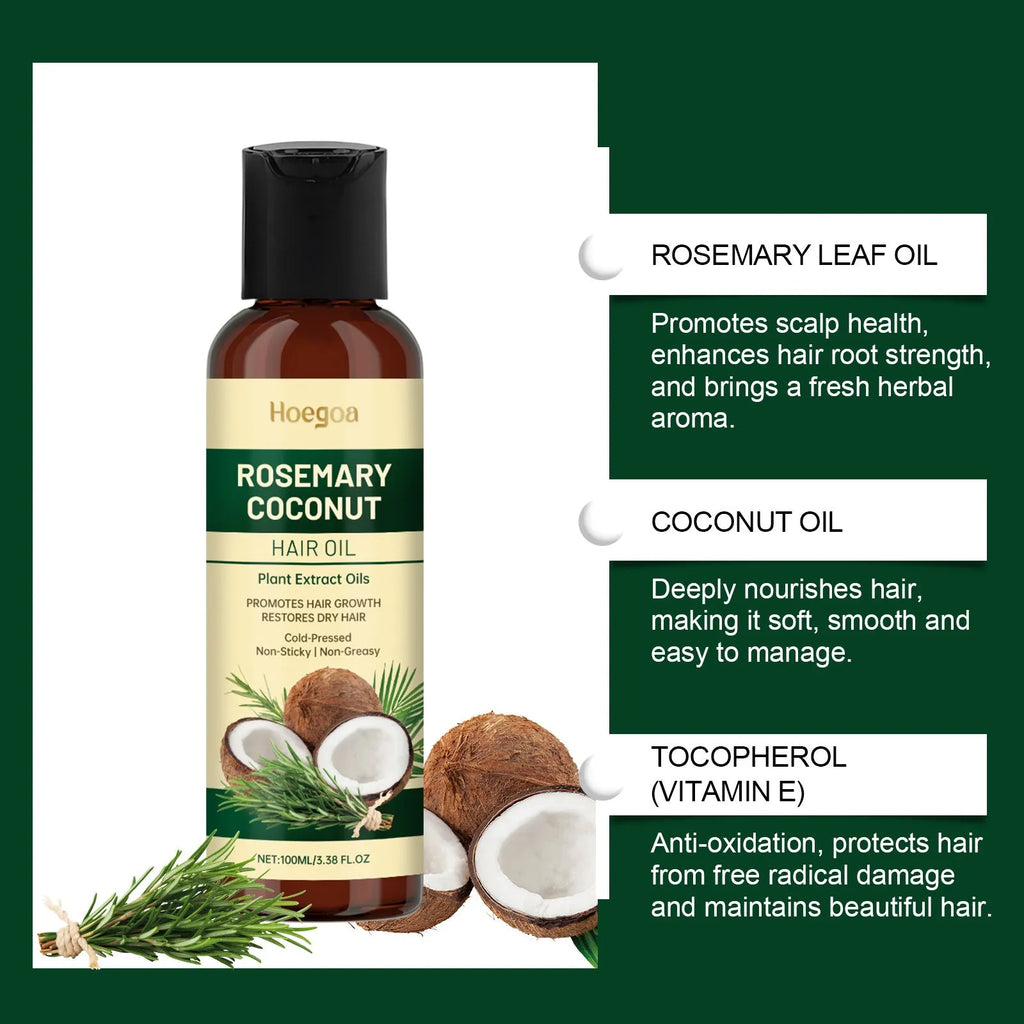 100ml rosemary coconut hair oil with squeeze head and comb head applicators for nourishing hair care