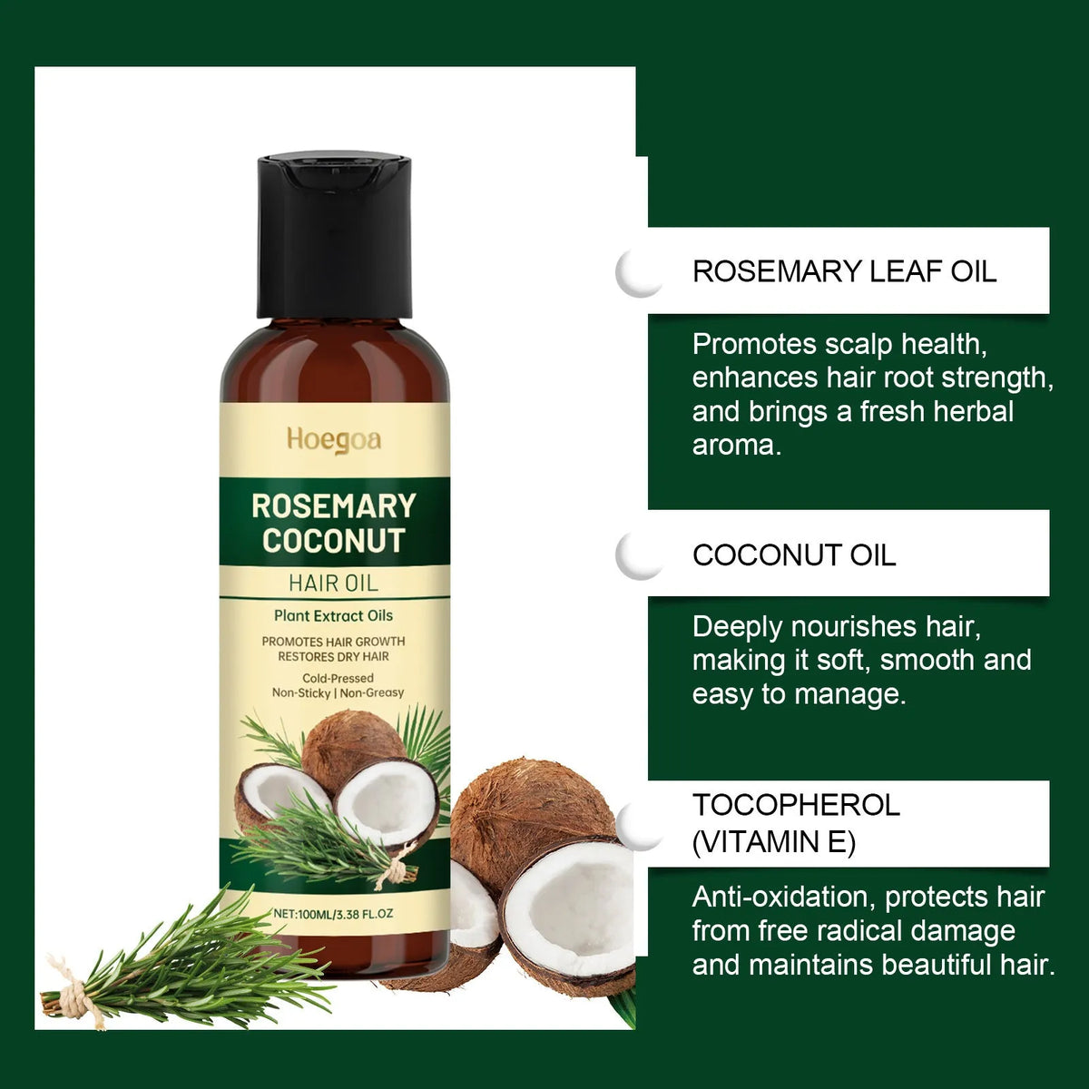 100ml rosemary coconut hair oil with squeeze head and comb head applicators for nourishing hair care