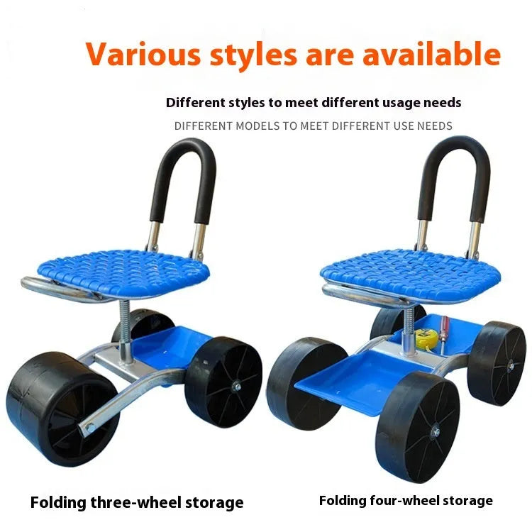 Folding garden mobile seat with wheels and galvanized pipe frame for outdoor use