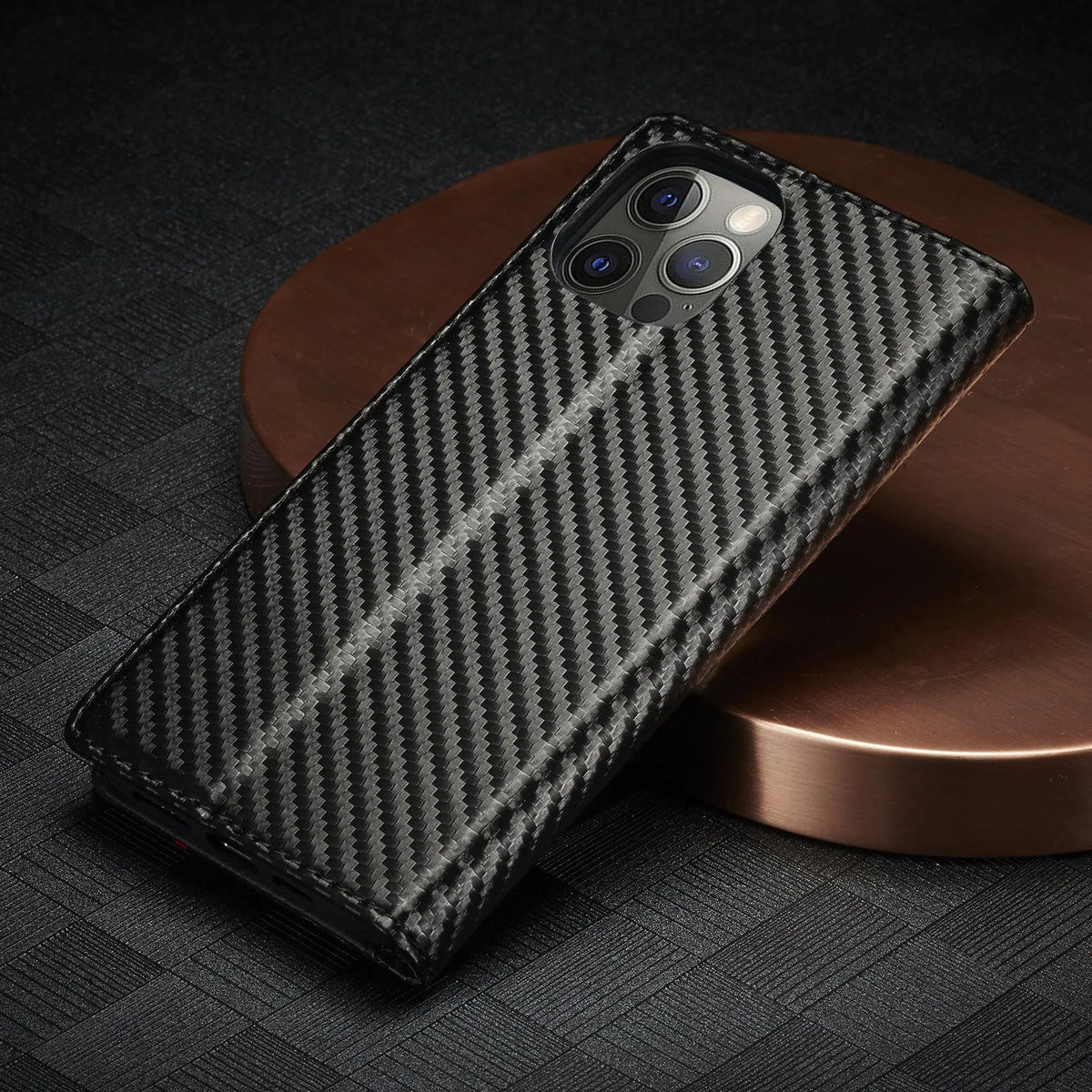 Leather carbon fiber magnetic flip phone case for iPhone 15 in horizontal colour, handmade PU TPU protective cover