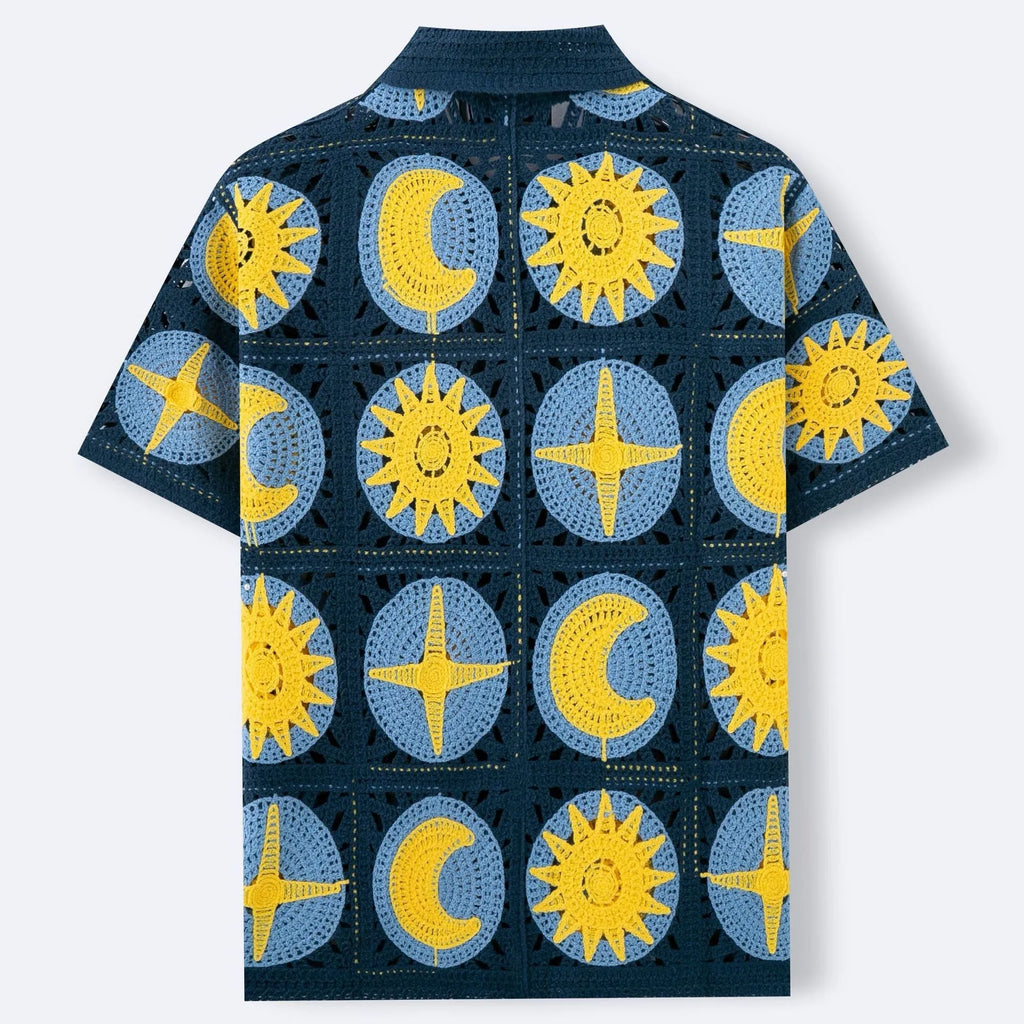 Men's navy blue short-sleeve cardigan sweater with a thin acrylic fabric and a flocking cartoon pattern detail.