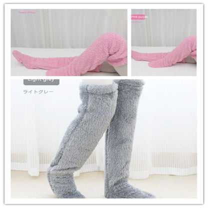 Over knee high fuzzy long socks in various colors for winter warmth