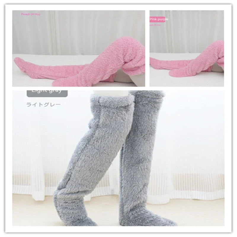 Cozy over-the-knee fuzzy socks in various colors, designed to keep your legs and knees warm during the winter season.