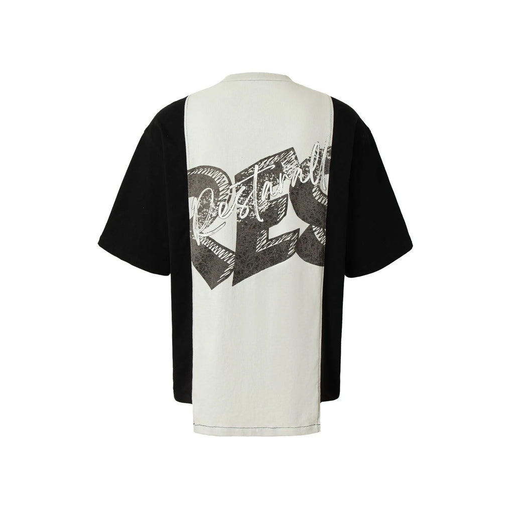 Black and white deconstruction print on a loose-fit cotton blend T-shirt with short sleeves.