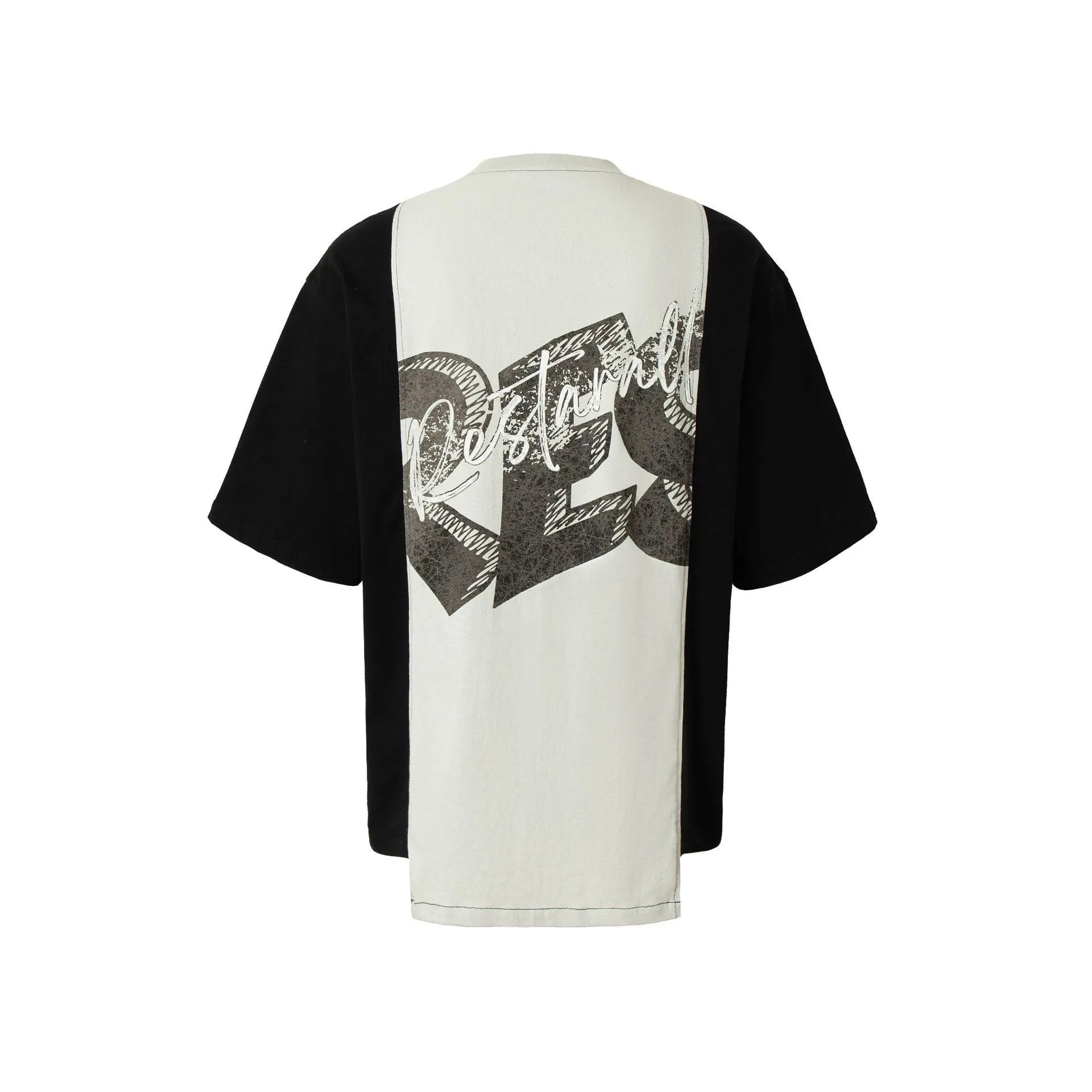 Black and white deconstruction print on a loose-fit cotton blend T-shirt with short sleeves.