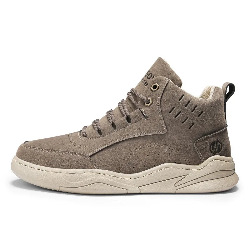 High-top board shoe in khaki with non-slip sole, mesh lining, low heel, round toe, trendy Korean casual style