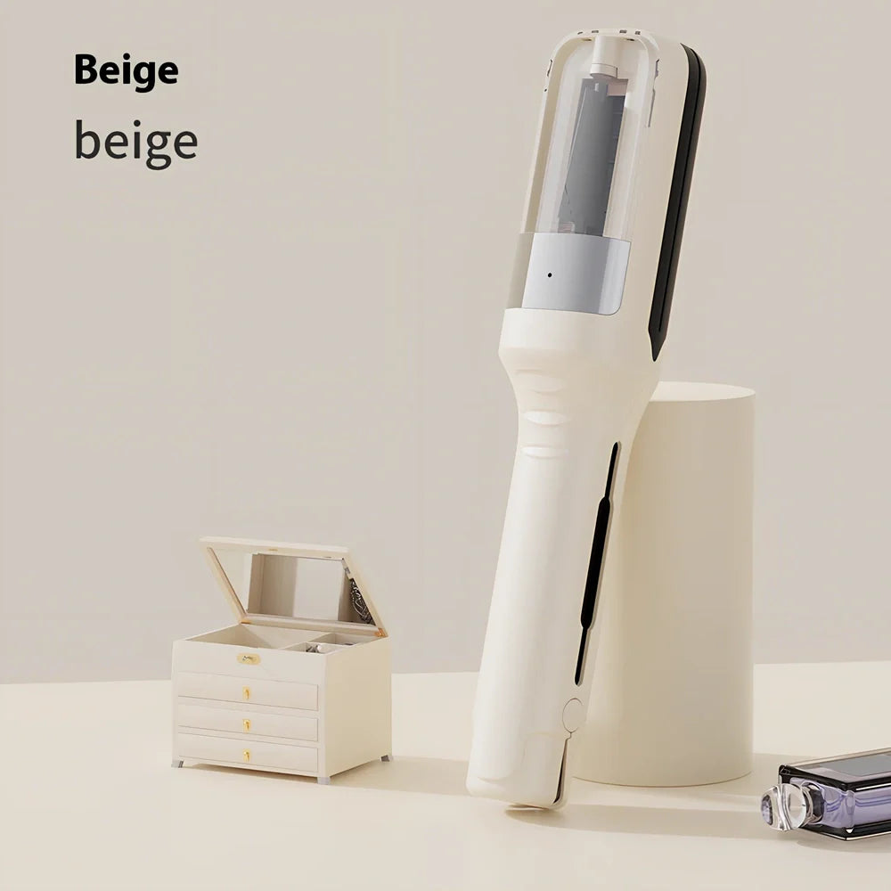 Cordless beige hair ends trimmer with 1/4-inch fixed cut, USB cable, comb and pillows for split end removal