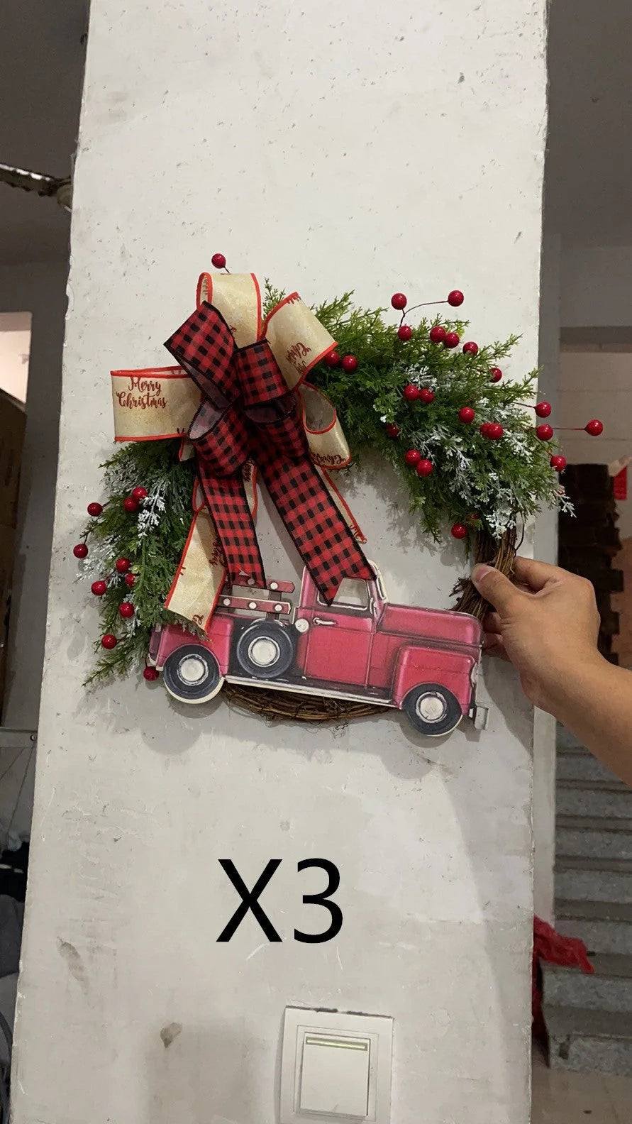 Wooden red truck Christmas garland with pumpkin accents for festive holiday decor