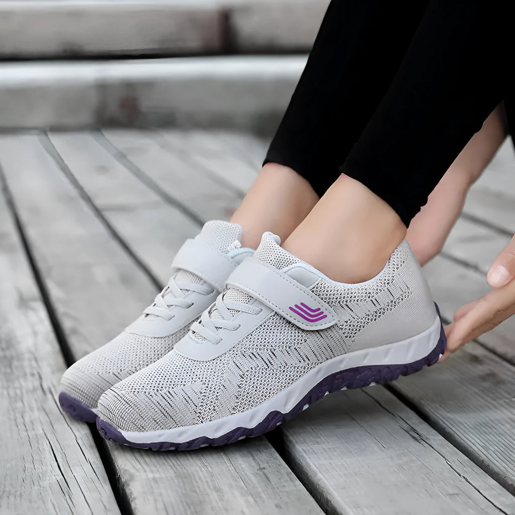 Women's grey purple wedge shoes with mesh upper and Velcro strap