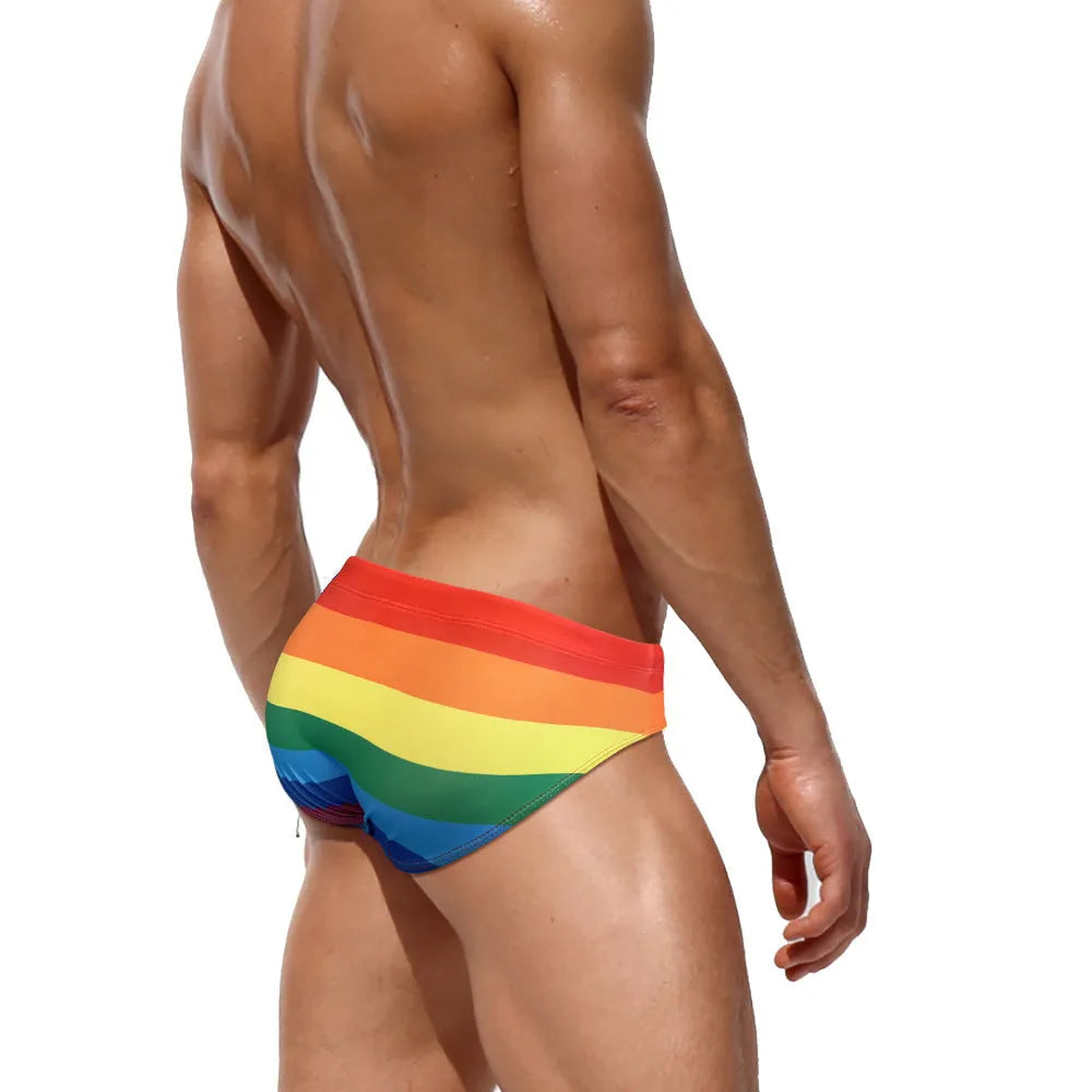 Rainbow striped nylon men's swimming trunks stretch briefs for beach wear