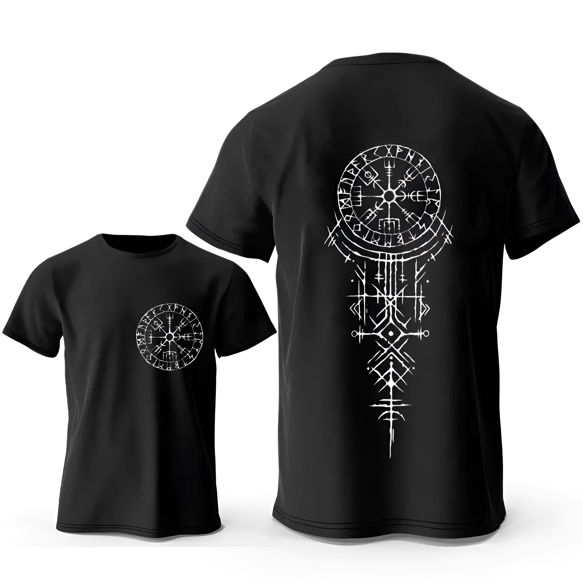 Viking rune compass graphic on pure cotton men's T-shirt in pullover style